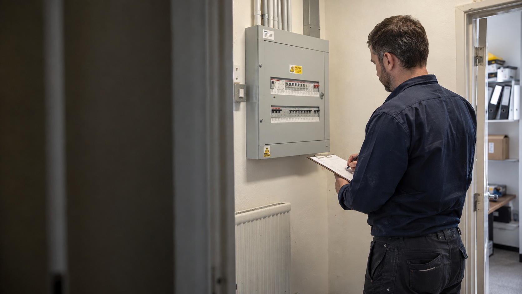 Electrical specialist recording observations beside a distribution board